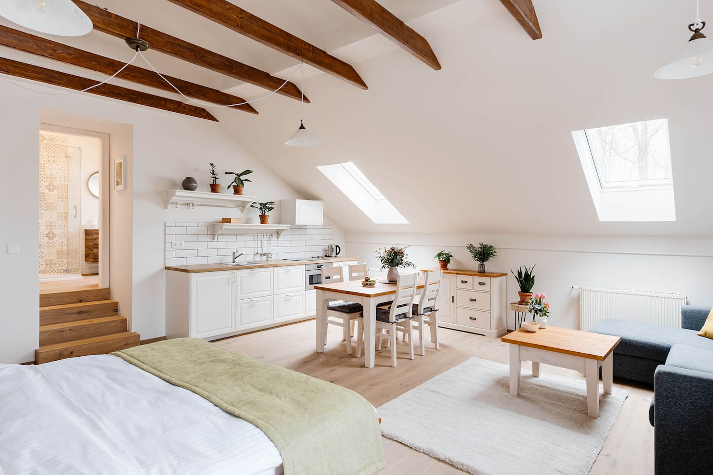 Liška – otevřený obývací prostor s postelí a kuchyní